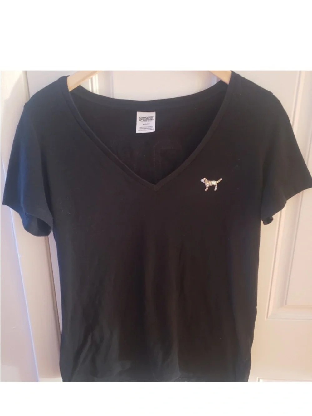 Victoria’s Secret PINK Black Sequin “LOVE PINK” Tee | Short Sleeve V-Neck - Picture 3 of 3